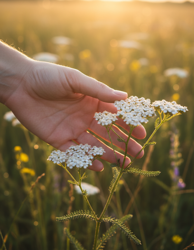 Berührung einer Schafgabe Eine menschliche Hand berührt behutsam die weißen Blütenstände der Schafgarbe auf einer sommerlichen Wiese im warmen Abendlicht.