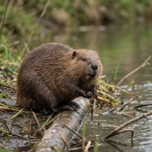 Europäischer Biber mit dichtem braunem Fell sitzt ruhig am Gewässerrand, leicht seitliche Frontalansicht, wacher Blick; natürlicher, weich unscharfer Hintergrund in gedämpften Grüntönen.