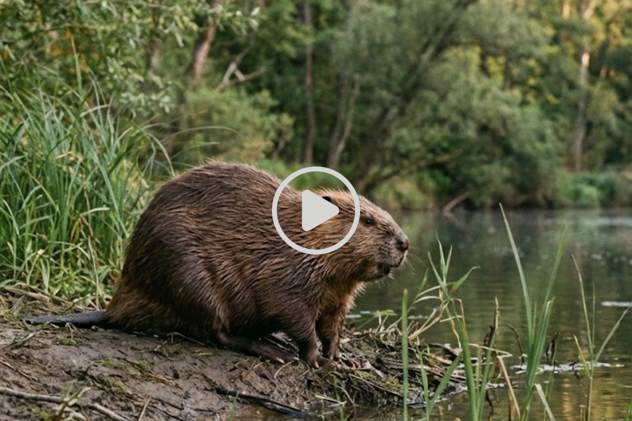 Der leise Baumeister – Leben eines Bibers in den Flussauen Vorschaubild zum Video: Biber sitzt am Ufer eines ruhigen Flussgewässers in natürlicher Auenlandschaft