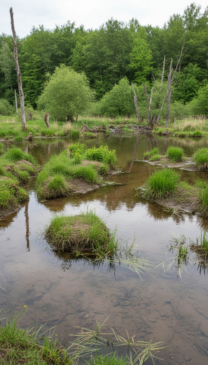 Biber - veeränderte Landschaft urch Biberdämme entstandene Feuchtlandschaft mit ruhigen Wasserflächen, nassen Ufern und vielfältiger Vegetation. Das Wasser fließt langsamer und schafft neue Lebensräume.