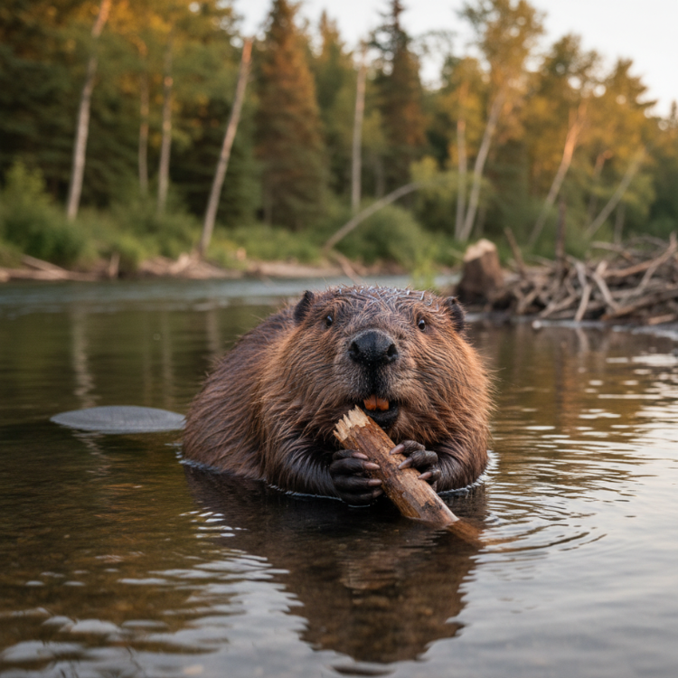 Der Biber im Wasser Ein Biber sitzt im flachen Wasser eines ruhigen Flusses, hält ein Stück Holz in den Pfoten und nagt daran, während im Hintergrund sein Damm und ein bewaldetes Ufer zu sehen sind.