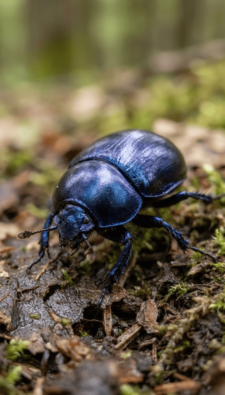 Nahaufnahme eines Waldmistkäfers mit blau-metallisch schimmerndem Panzer auf feuchtem Waldboden
