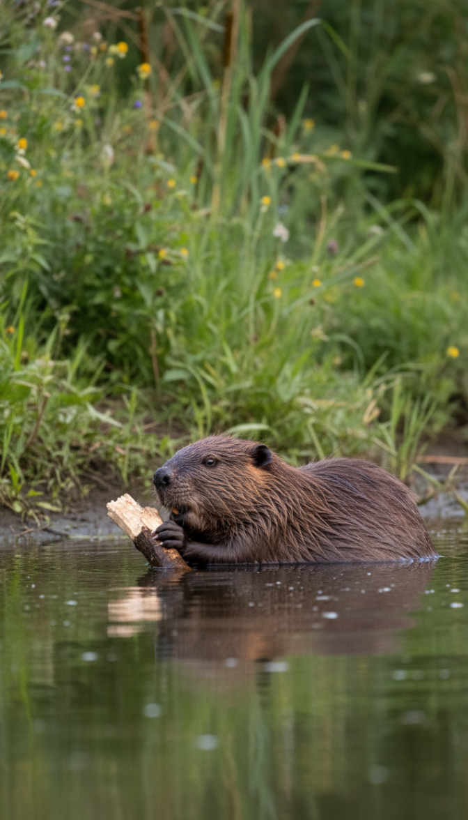 Ein Biber frisst2a Ein Biber frisst im flachen Wasser an einem Holzstück und hält es mit den Vorderpfoten, umgeben von einem naturnahen Bachlauf und Uferpflanzen.
