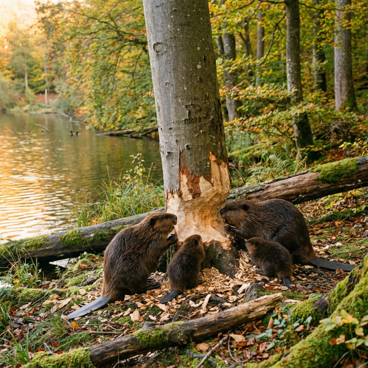 Eine Biberfamilie frisst Eine Biberfamilie mit zwei Jungtieren nagt gemeinsam an einem Baumstamm am Seeufer im herbstlichen Wald.