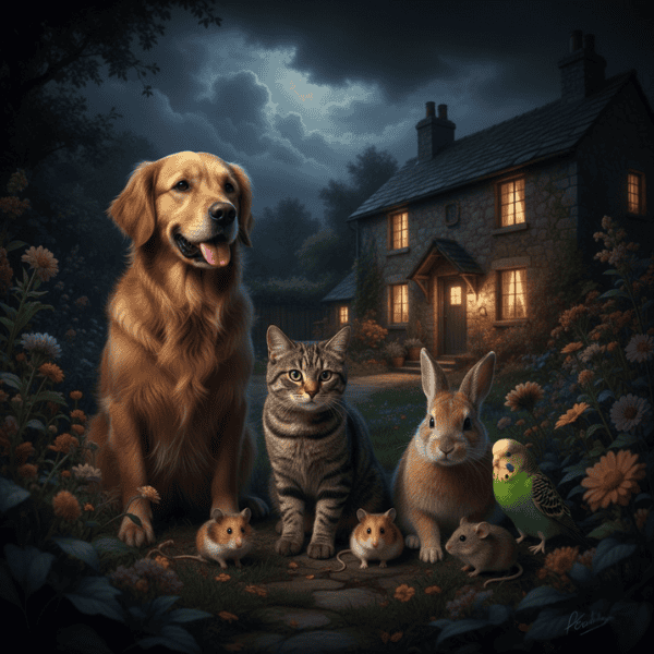 Verschiedene Haustiere – Hund, Katze, Kaninchen, Mäuse und ein Vogel – sitzen gemeinsam im Garten vor einem beleuchteten Haus bei Nacht und symbolisieren Nähe, Vielfalt und Zusammenleben zwischen Mensch und Tier.