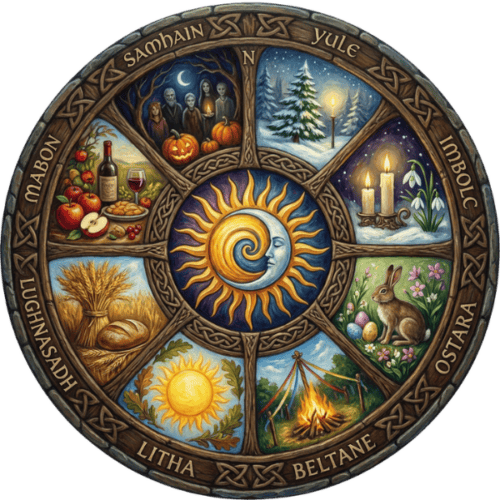 Kreisförmige Illustration der acht Jahreskreisfeste mit keltischen Ornamenten: In Segmenten sind Samhain, Yule, Imbolc, Ostara, Beltane, Litha, Lughnasadh und Mabon dargestellt, mit typischen Symbolen wie Sonne, Mond, Kerzen, Ernte, Feuer, Tieren und Pflanzen; in der Mitte eine stilisierte Sonne mit Mondgesicht.