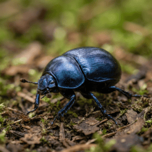 Mistkäfer 1 Waldmistkäfer mit glänzend blauem Panzer in natürlicher Umgebung auf dem Waldboden