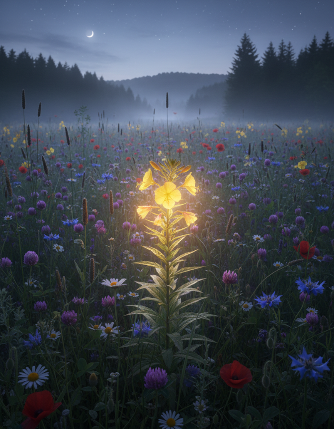 Wenn die Nachtkerze einen ins Auge fällt Leuchtende Nachtkerze auf einer nächtlichen Blumenwiese, umgeben von vielen anderen Pflanzen, die im Dunkeln kaum wahrgenommen werden.