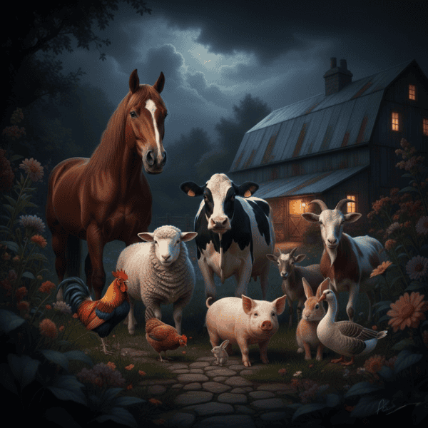 Gruppe von Nutztieren – Pferd, Kuh, Schaf, Schwein, Ziege, Huhn und Gans – steht gemeinsam vor einem Hofgebäude in der Dämmerung und verweist auf Verantwortung, Abhängigkeit und menschlich geschaffene Lebensräume.