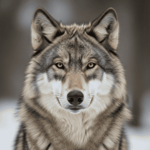 Wolf 1 Porträt eines Grauwolfs mit dichtem, grau-braunem Fell und aufmerksamen bernsteinfarbenen Augen, frontal aufgenommen vor unscharfem, winterlichem Hintergrund.