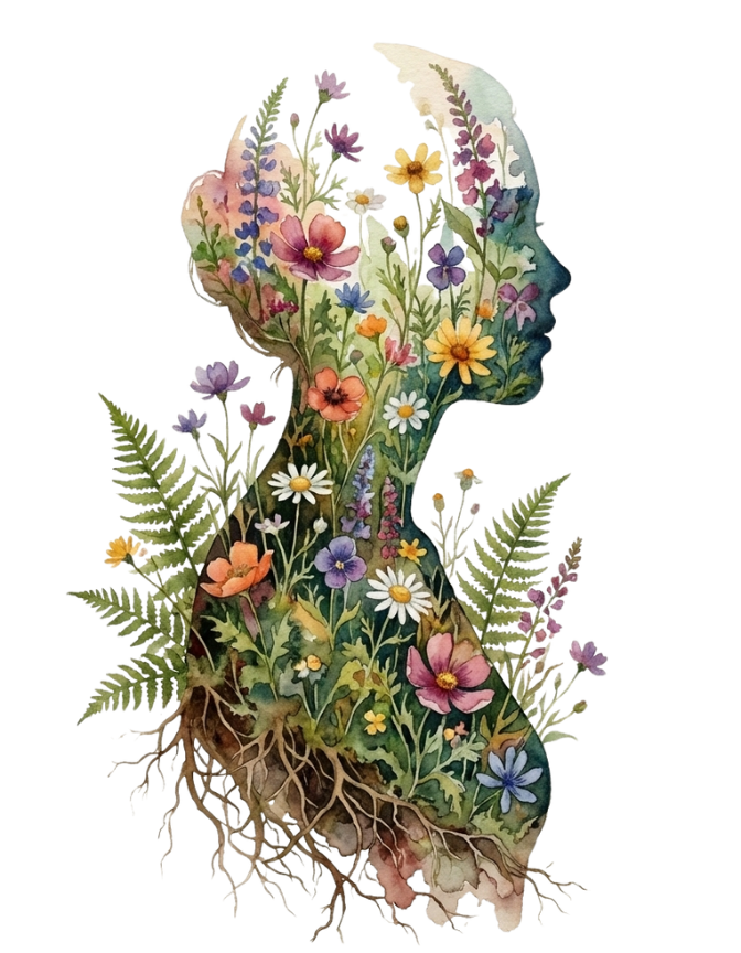 Spiegelung - Verbundenheit - Symbiose ilhouette eines menschlichen Profils, ausgefüllt mit blühenden Wiesenpflanzen und sichtbaren Wurzeln, als Sinnbild für die Verbundenheit von Mensch und Natur.