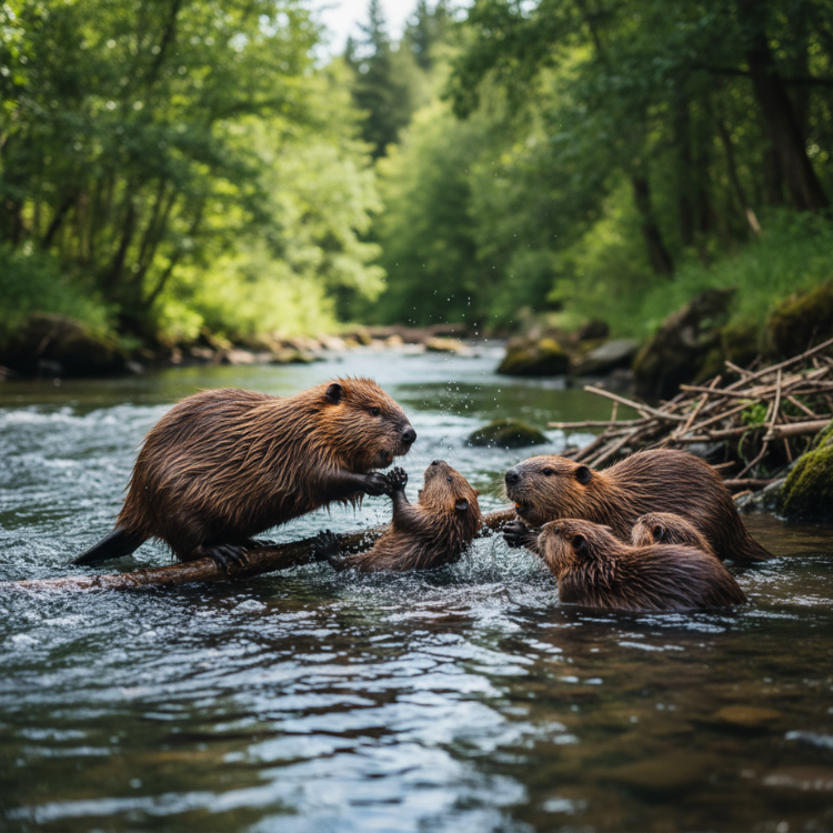 Spielende Biber Eine Biberfamilie spielt ausgelassen im flachen Wasser. Naturfoto