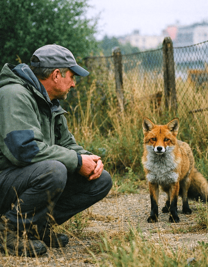 Mann hockt im Gras und blickt einem Fuchs gegenüber, beide auf Augenhöhe in natürlicher Umgebung.