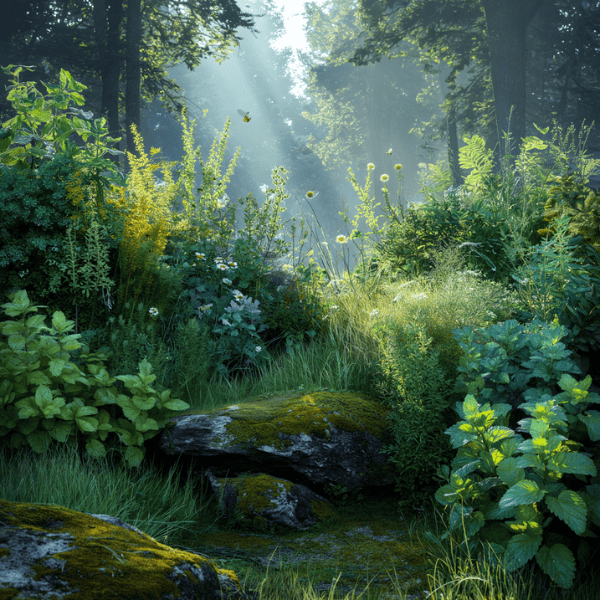 Wilde Waldlichtung mit heimischen Kräutern und weichem Sonnenlicht – Sinnbild für Naturverbundenheit, Achtsamkeit und ursprüngliches Wissen.