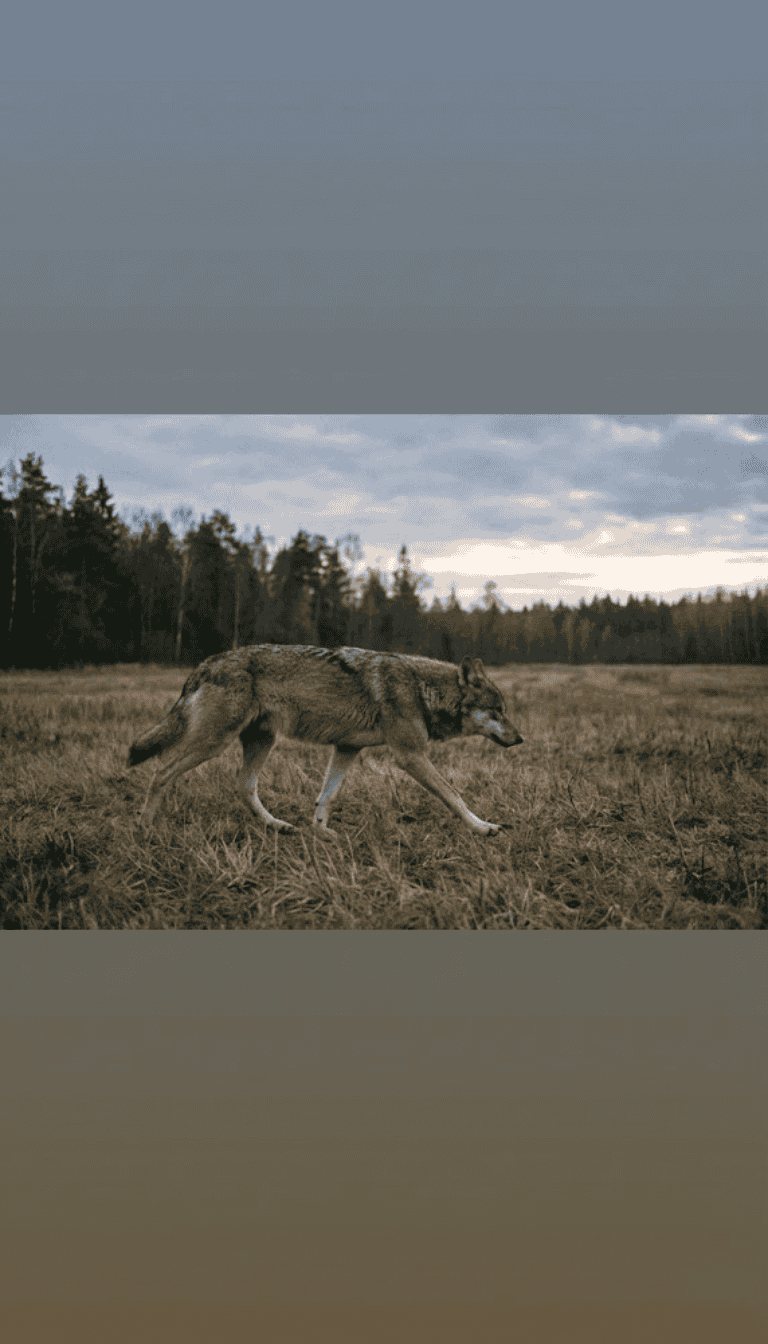 Ein wildlebender Wolf bewegt sich ruhig über eine offene Landschaft am Waldrand und wirkt durch seine langen Beine und aufrechte Haltung größer, als er tatsächlich ist.