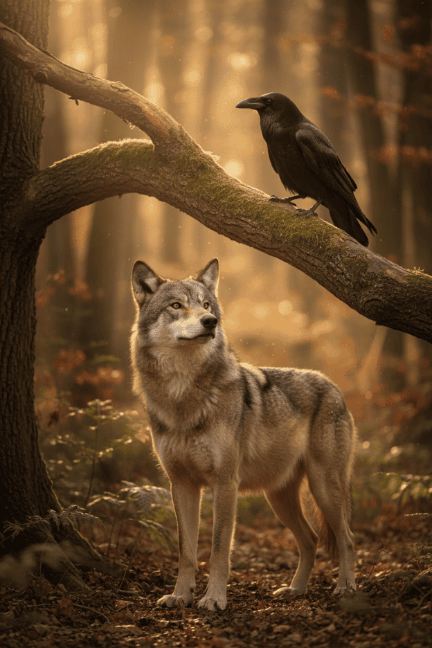 Rabe sitzt auf einem Ast über einem Wolf im herbstlichen Wald – zwei Wildtiere in aufmerksamer Nähe.