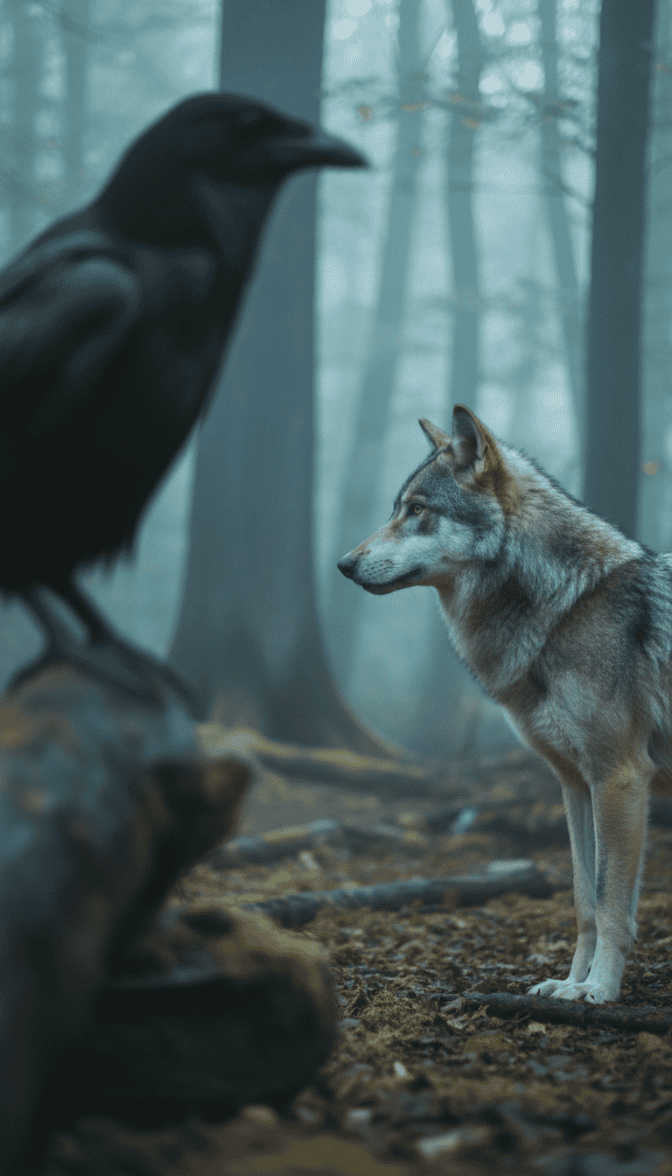 Ein Wolf steht im Wald und blickt ruhig in Richtung eines Raben, der auf einem moosbedeckten Ast sitzt. Nebliger Wald, gedämpftes Licht, stilles Aufeinandertreffen zweier Wildtiere.