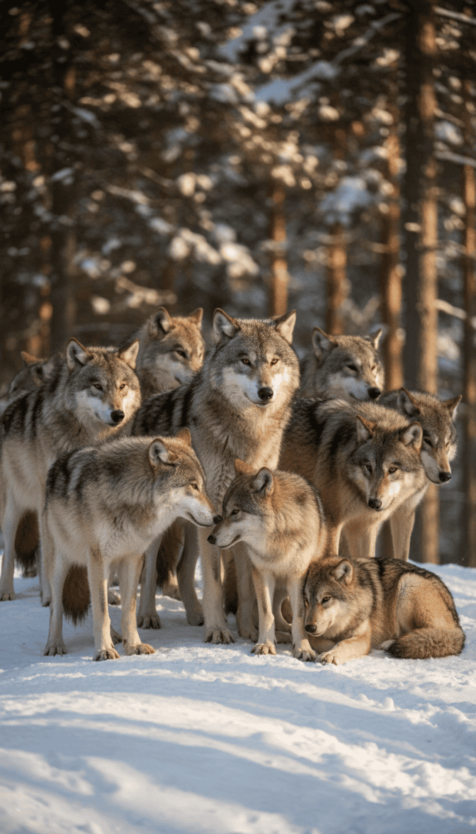 Ein Wolfsrudel steht dicht beieinander im verschneiten Wald. Mehrere erwachsene Wölfe und Jungtiere zeigen ruhige Nähe und soziale Bindung, eingebettet in eine winterliche Waldlandschaft.