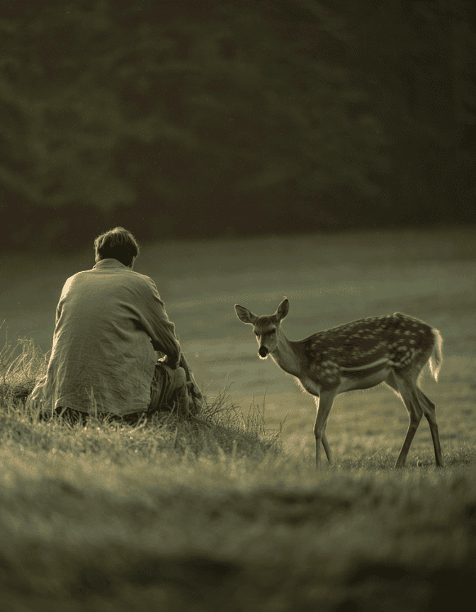 Ein Mensch sitzt im Morgengras einer offenen Wiese, den Rücken leicht gebeugt, während ein junges Reh in kurzer Distanz stehen bleibt und ihn aufmerksam betrachtet. Eine stille Begegnung auf Augenhöhe zwischen Mensch und Tier.