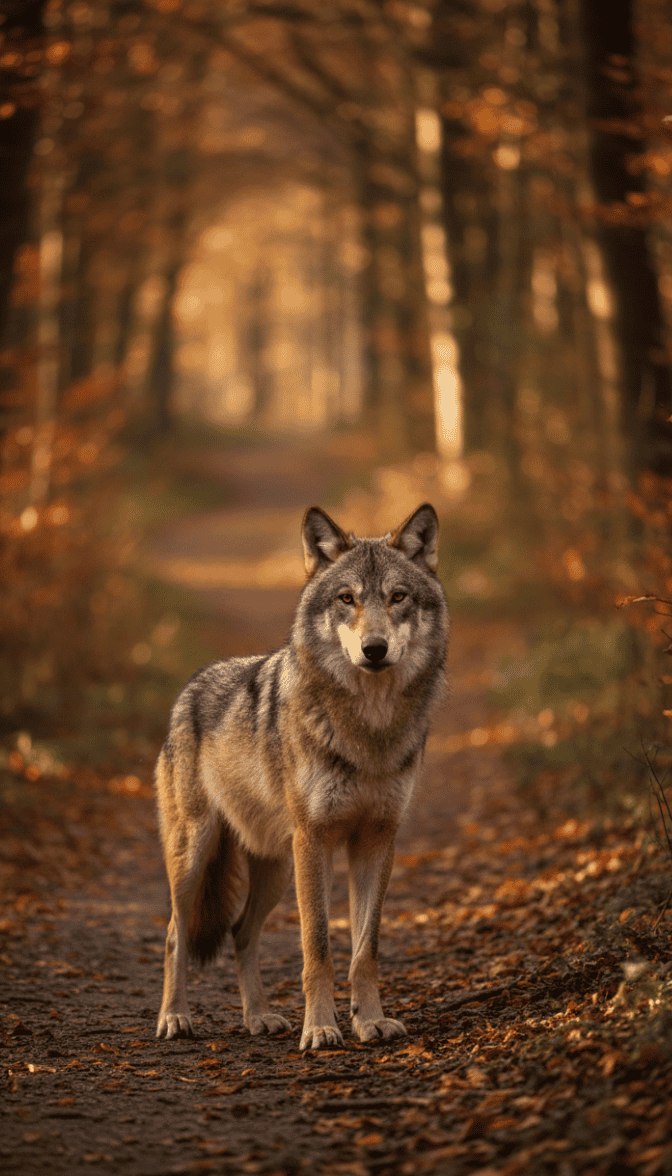 Ein einzelner Wolf steht aufmerksam auf einem herbstlichen Waldweg, umgeben von warmem Laub und goldenem Licht, und blickt ruhig und direkt in die Kamera.