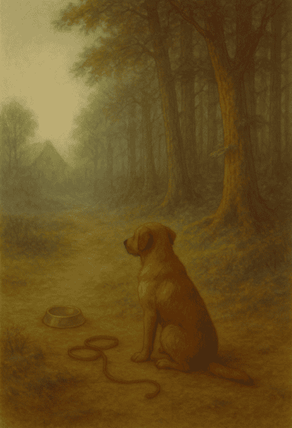 Nachdenklich wirkender Hund sitzt am Rand eines Waldes, im Hintergrund angedeutete menschliche Umgebung.