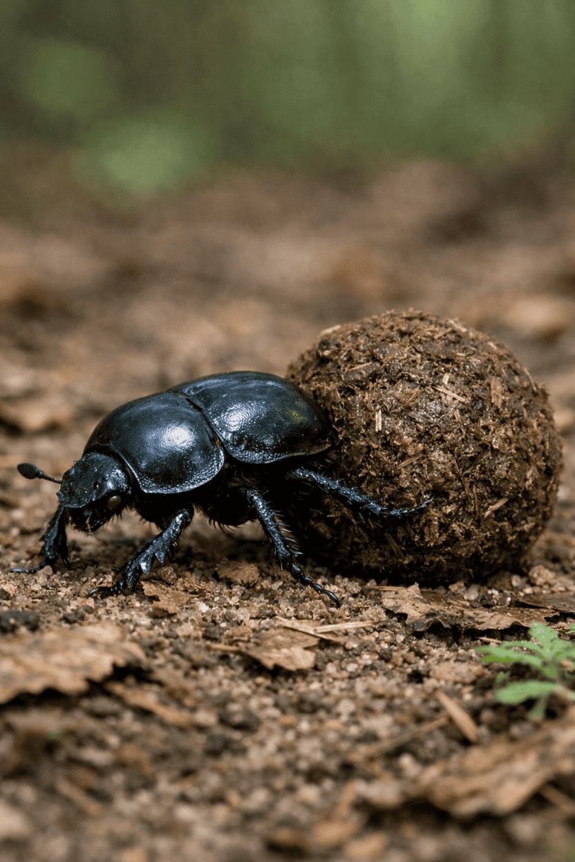 Schwarzer Mistkäfer, auch Pillendreher genannt, bewegt eine kugelförmige Dungkugel rückwärts über einen sandigen Waldweg; Laub und Waldboden sind sichtbar, der Hintergrund ist unscharf.