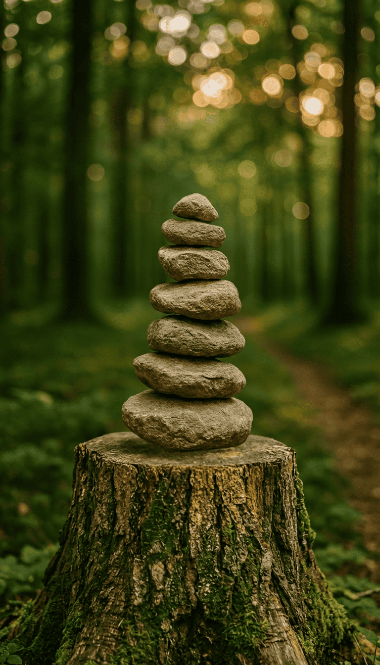 Auf einem moosbewachsenen Baumstumpf sind mehrere flache Steine zu einem ruhigen, ausgewogenen Turm gestapelt; im Hintergrund ein unscharfer Wald mit warmem Licht.