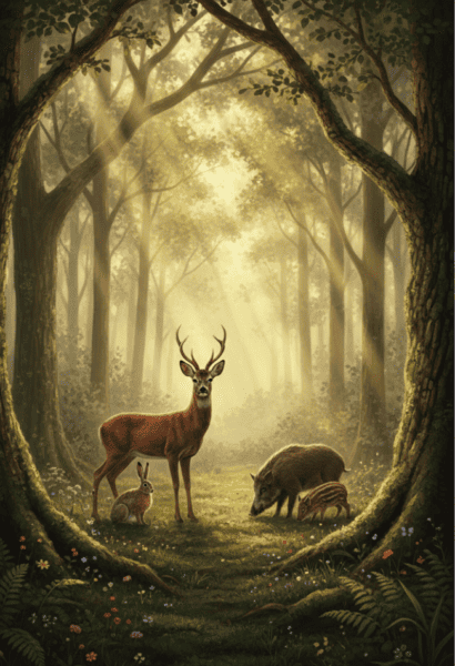 Reh, Wildschwein und Hase bewegen sich in einem ruhigen Wald zwischen Bäumen und Moos.