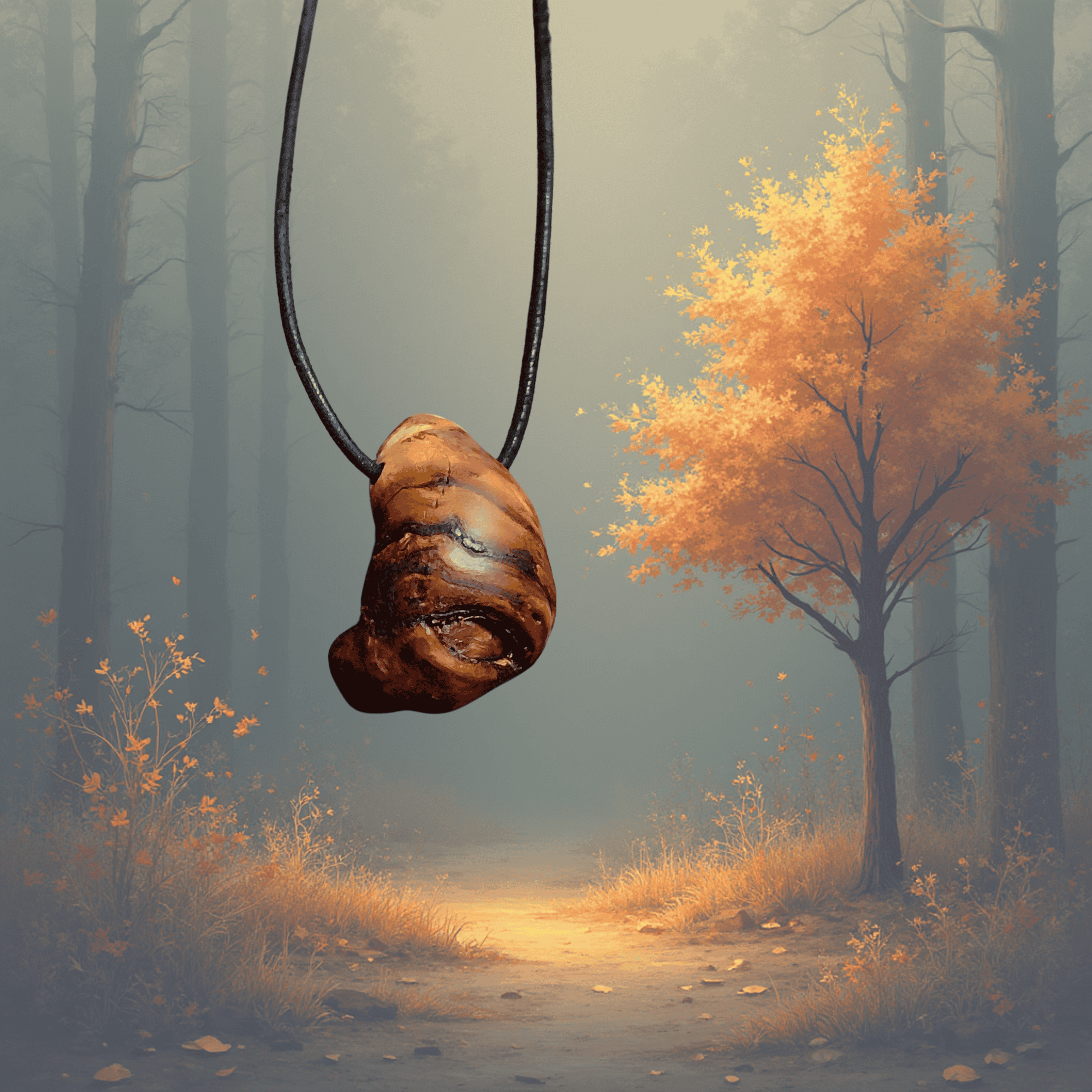 Natürlich gewachsene Baumperle einer alten Eiche, von Hand geschält, langsam getrocknet, in Leinöl getränkt und als Anhänger an schwarzem Band, vor einem herbstlichen Waldweg.