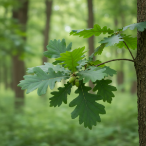Zweig der Stieleiche (Quercus robur) mit typisch rund gelappten Blättern und jungen Eicheln im grünen Laubwald.