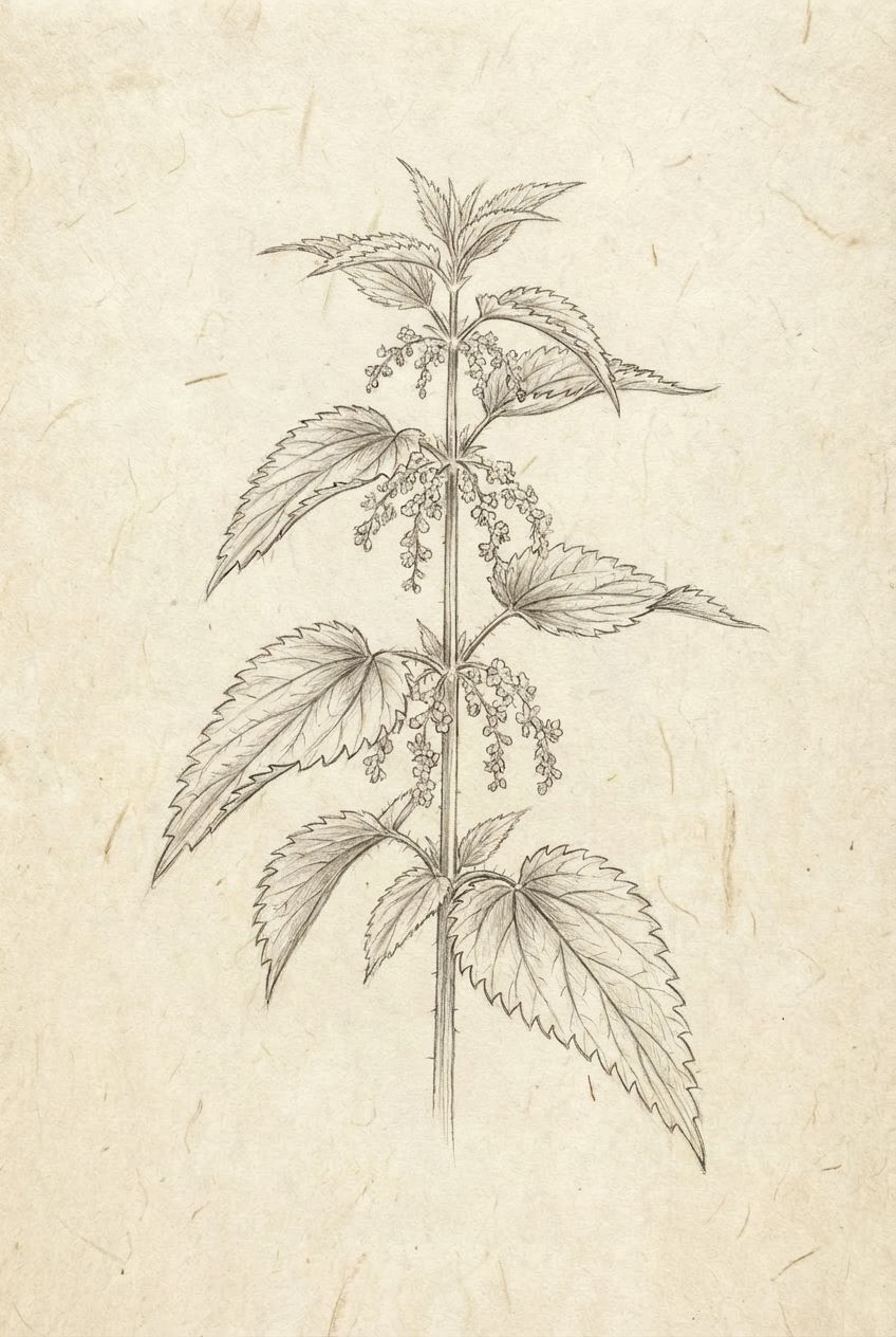 Detaillierte botanische Illustration einer Brennnesselpflanze auf Pergament-Papier. Die Zeichnung zeigt den aufrechten Stängel, die gegenständigen gezackten Blätter und die herabhängenden Blüten- oder Samenstände im klassischen Stil einer alten Kräuterbuch-Zeichnung.