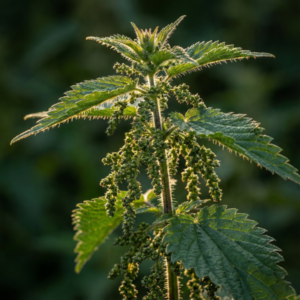 Detailaufnahme einer weiblichen Brennnessel mit gezähnten Blättern und herabhängenden grünlichen Blütenständen, natürliches Licht, unscharfer grüner Hintergrund.