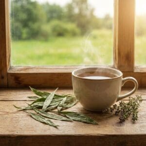 Eine dampfende Keramiktasse mit Kräutertee auf einem rustikalen Fensterbrett vor grüner Kulisse. Daneben liegen getrocknete Spitzwegerichblätter und Thymianzweige.