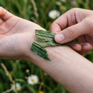 Spitzwegerich 2 Nahaufnahme von Frauenhänden, die ein zerriebenes Spitzwegerichblatt als "Wiesenpflaster" auf einen Insektenstich am Handgelenk legen. Der faserige, feuchte Blattbrei lindert Juckreiz und Schmerz auf natürliche Weise direkt in der Natur.
