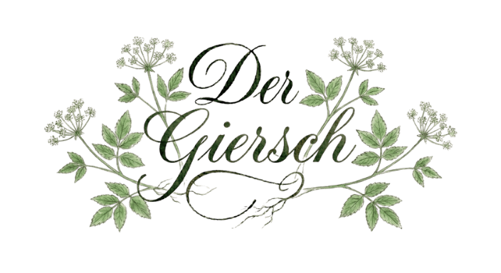 Illustration mit der Aufschrift „Der Giersch“, umrahmt von gezeichneten Gierschblättern, Blütenständen und Wurzelmotiven auf hellem, strukturiertem Hintergrund.