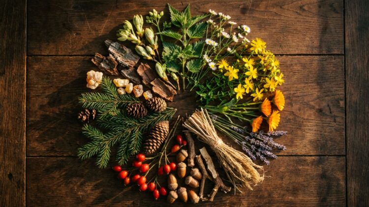 Eine Draufsicht auf einen rustikalen Holztisch, auf dem ein kreisförmiges Mandala aus Pflanzenmaterialien den Jahreslauf darstellt. Im Uhrzeigersinn sind Frühlingsknospen, Sommerblüten, Herbstfrüchte mit trockenen Faserstängeln und Winterzweige mit Harz angeordnet. Das warme Licht betont die natürlichen Texturen.