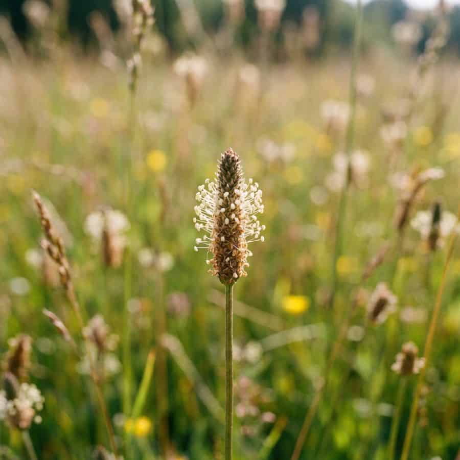 Ein einzelner, langer Stängel des Spitzwegerichs in einer Wiese. Oben sitzt die walzenförmige, bräunliche Blütenähre, umgeben von feinen weißen Staubfäden.