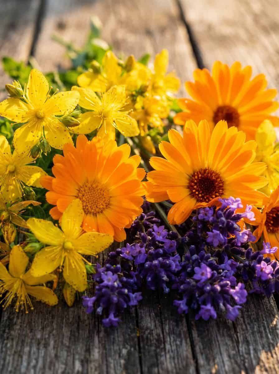 Leuchtende Sommerblüten im Hochformat: Gelbes Johanniskraut, orange Ringelblumen und Lavendel in der Sonne auf Holz.