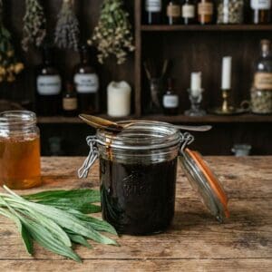 Ein offenes Weckglas mit fertig gezogenem, dunklem Spitzwegerich-Sirup. Ein Löffel mit dem dickflüssigen Sirup liegt auf dem Glasrand, tropfend. Rustikale Apotheker-Stimmung.