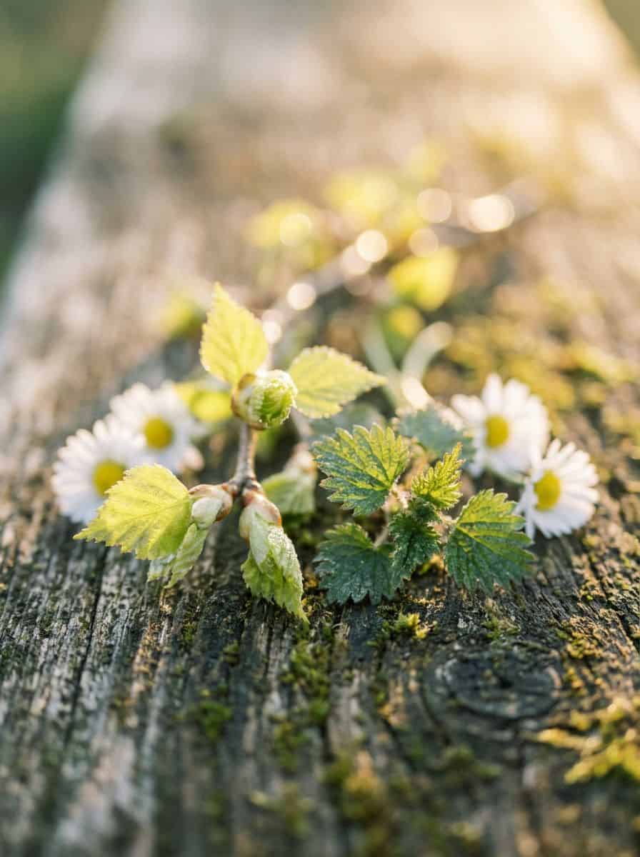 Hochformat-Nahaufnahme auf Holz: Frische Birkenknospen und weiße Gänseblümchen im sanften Morgenlicht.