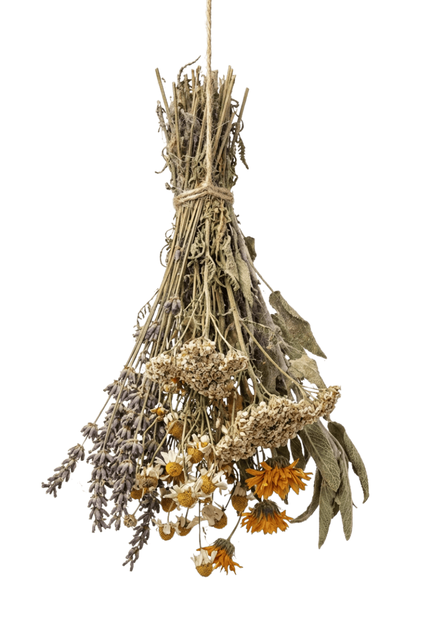 Getrockneter Kräuterstrauß aus Lavendel, Kamille, Schafgarbe, Salbei und Ringelblume, kopfüber gebunden zur schonenden Trocknung für spätere Verarbeitung.