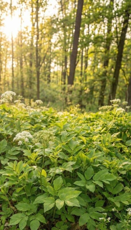 Ein dichter, flächendeckender Teppich aus grünen Giersch-Pflanzen bedeckt den Waldboden. Vereinzelt ragen weiße Doldenblüten heraus. Im Hintergrund steht ein großer Baumstamm. Das warme, goldene Licht der tiefstehenden Sonne scheint durch die Bäume und beleuchtet die Pflanzen von hinten.