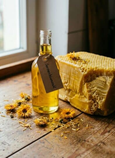 Eine rustikale Nahaufnahme der Hauptzutaten für die Salbenherstellung auf einem Holztisch. Eine Glasflasche mit einem Etikett "Regionales Sonnenblumenöl (Brandenburg)" steht neben einem Block natürlichem, gelbem Bienenwachs. Einige getrocknete Ringelblumenblüten liegen verstreut daneben. Das Bild zeigt die Basis für eine wasserfreie Zubereitung.