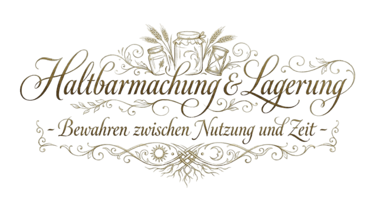 Verzierter Schriftzug „Haltbarmachung & Lagerung – Bewahren über Zeit und Jahreslauf“ in klassischer Typografie, mit feinen ornamentalen Linien, die Ordnung, Ruhe und Dauer symbolisieren.