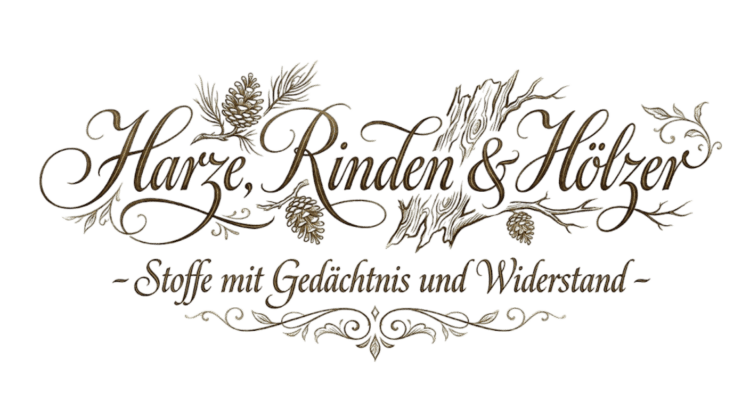 Dekorativer Schriftzug „Harze, Rinden & Hölzer – Stoffe mit Gedächtnis und Widerstand“, ergänzt durch Illustrationen von Holzstrukturen, Zapfen und Rindenmotiven, im historischen Stil gestaltet.