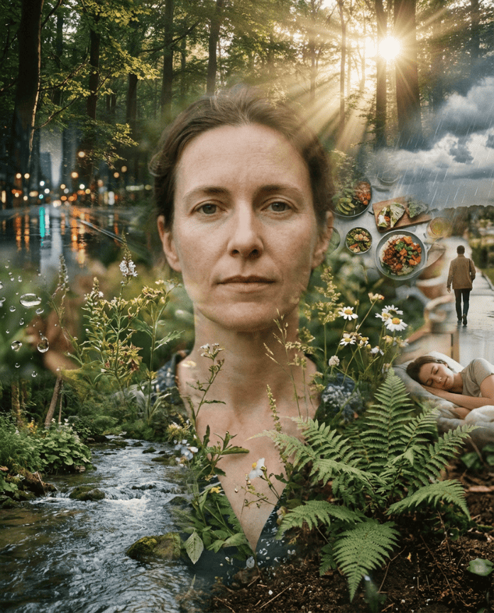 Eine Frau steht ruhig im Mittelpunkt, umgeben von Wald, Wasser, Pflanzen und Alltagsszenen wie Stadt, Nahrung, Ruhe und Bewegung. Das Bild zeigt den Menschen eingebettet in natürliche und äußere Einflüsse als Zusammenspiel von Umwelt, Körper und Lebensweise.