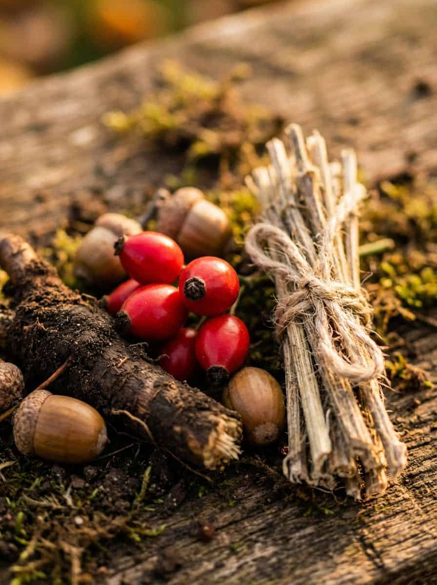 Detailansicht Herbst: Rote Hagebutten, Eicheln und ein Bündel trockene Pflanzenfasern für das Handwerk auf rustikalem Holz.