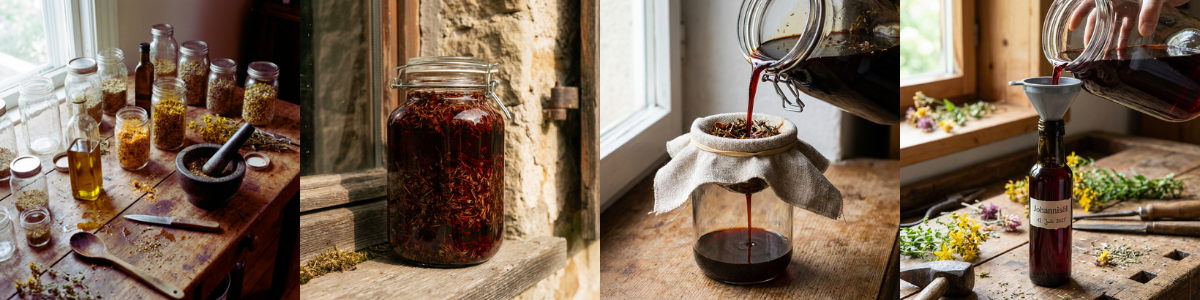 Bildübersicht zur Herstellung eines Johanniskraut-Ölauszugs mit den Schritten Vorbereitung der Materialien, Ansetzen des Öls im Glas, Abseihen durch ein Leinentuch und Abfüllen in eine dunkle Flasche.
