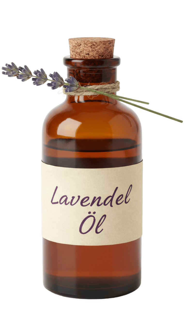Braune Glasflasche mit Korkverschluss und der Beschriftung „Lavendel Öl“, dekoriert mit einem Lavendelzweig.