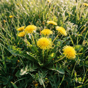 Blühender Löwenzahn (Taraxacum officinale) mit mehreren gelben Blütenköpfen in einer Wiese, umgeben von grasigem Bewuchs und typischen gezähnten Blättern.